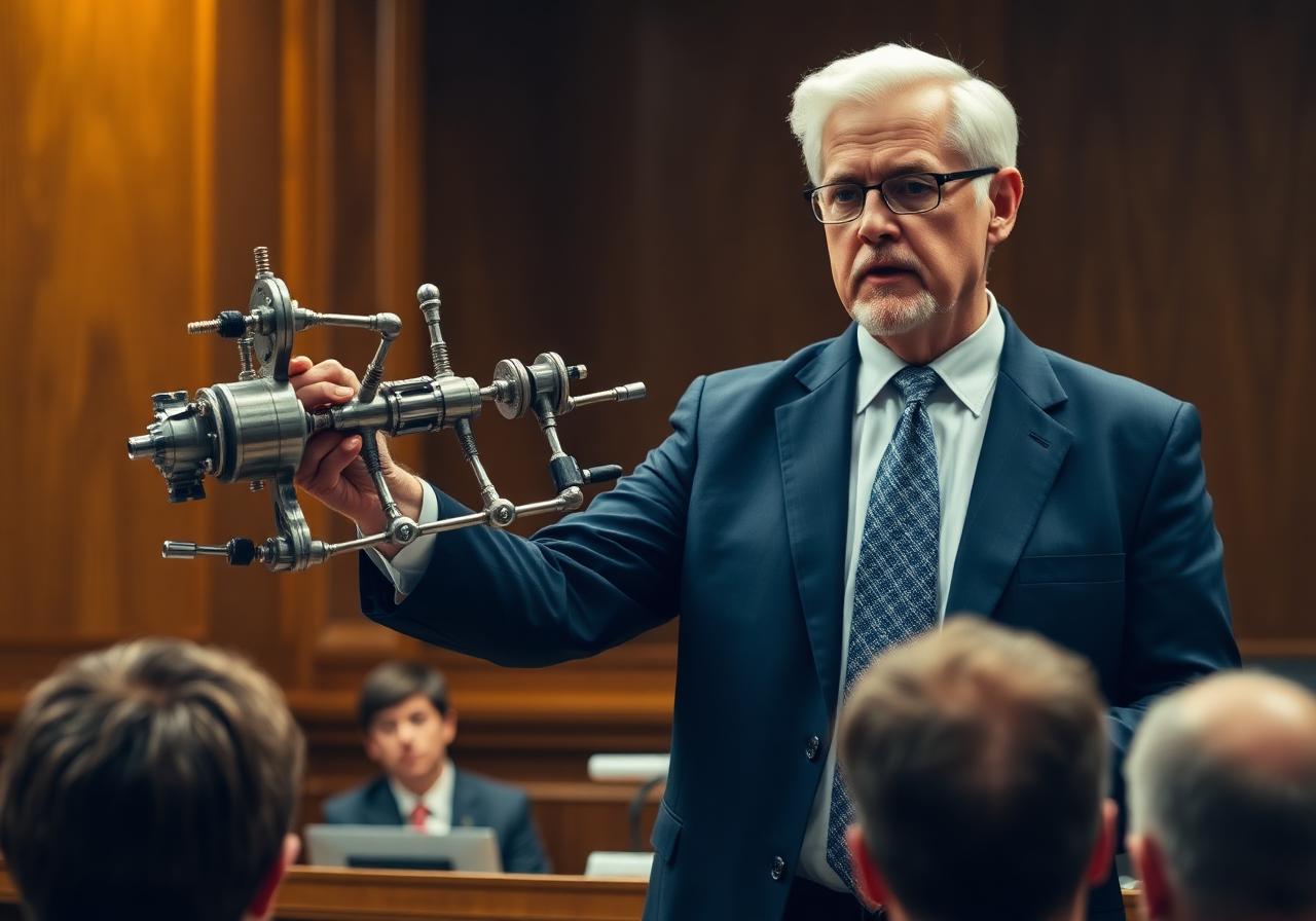 Attorney holding a multi-link mechanical apparatus before a jury