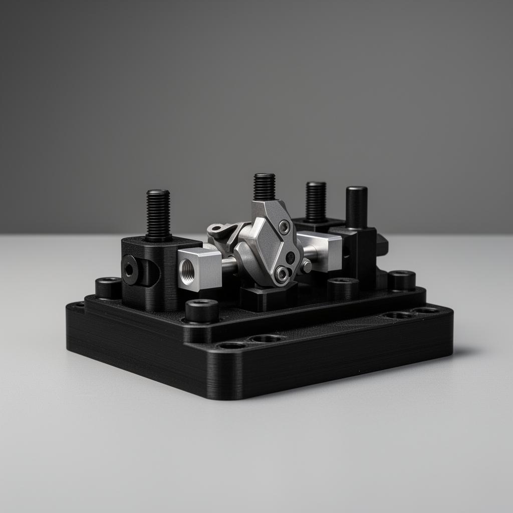 3D printed assembly fixture holding a precision metal component